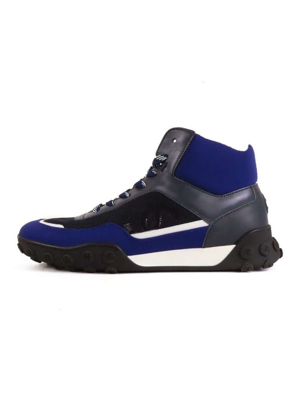 Chanel High-Top Sneakers Blue Navy Mesh Leather CC Logo Shoes